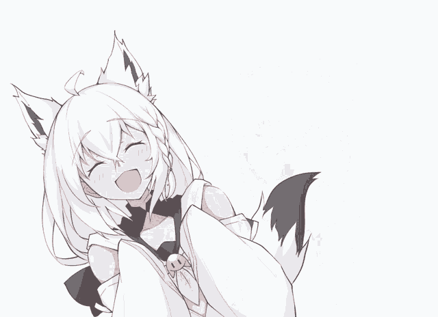 a girl with white hair and black tail is smiling