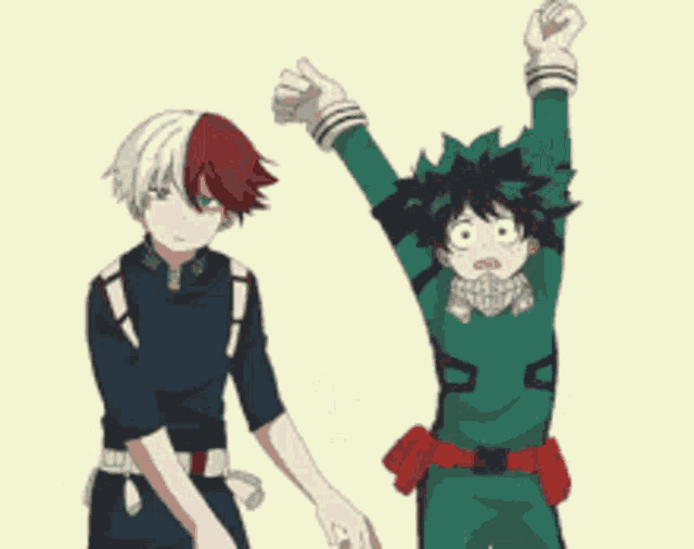 two anime characters are standing next to each other looking at each other