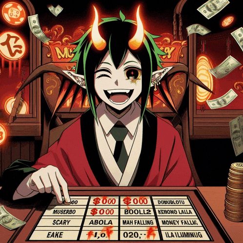 a man with horns is playing a game with a board that says $ 000 on it