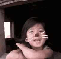 a little girl with a cat face painted on her face is smiling and looking at the camera .