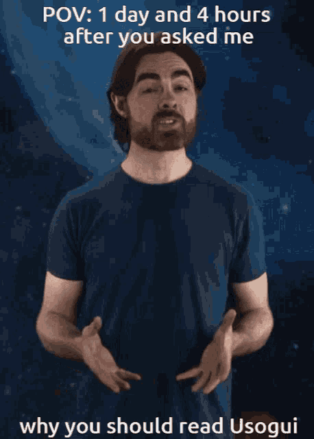 a man with a beard is making a heart shape with his hands in front of a blue background