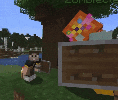 a screenshot of a minecraft game shows a girl with a shield and a boy with a sword