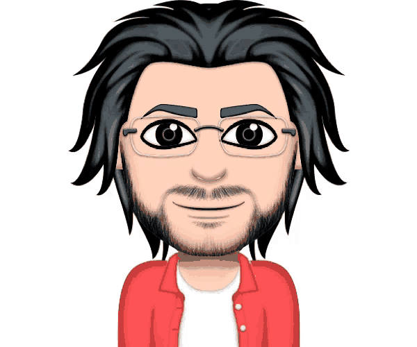 a man with glasses and a beard is wearing a red shirt