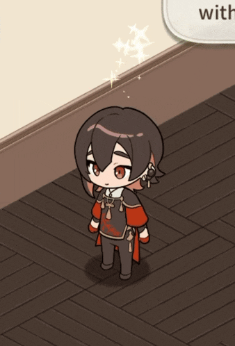 a cartoon character is standing on a wooden floor next to a wall that says with
