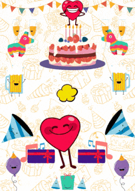 a cartoon illustration of a birthday party with a heart holding a cake