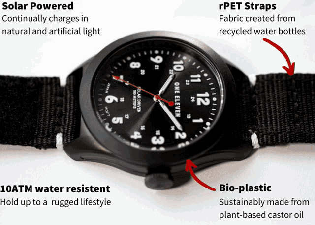 a solar powered watch with a black band