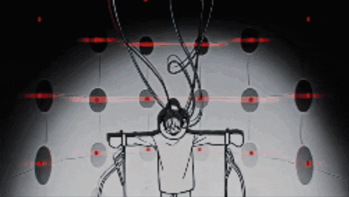 a black and white drawing of a person on a cross with red lights behind them
