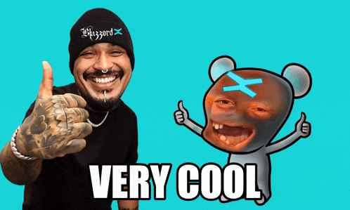 a man wearing a hat that says whizzard giving a thumbs up next to a cartoon bear