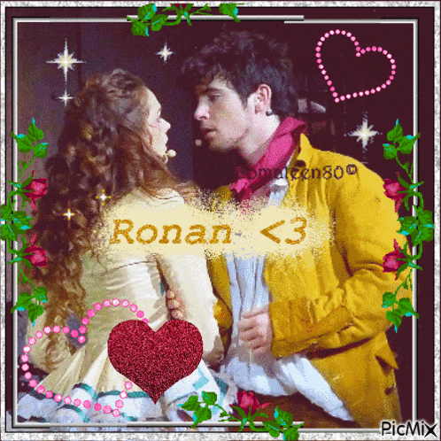 a picture of a man and a woman with the words ronan < 3 on it