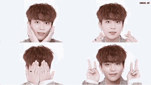 a young man with brown hair is making a heart with his hands .