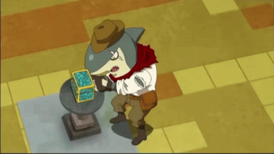 a cartoon of a shark looking into a blue box
