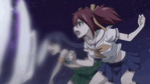 a girl with red hair is running away from another girl in a green dress
