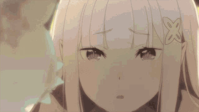 a girl with purple eyes and a flower in her hair