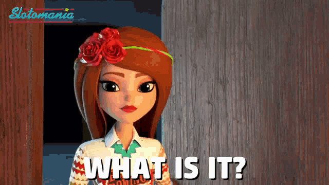 a cartoon girl says what is it in front of a wooden door