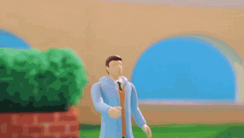 a man in a white coat and tie is standing in front of a building in a video game .