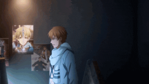 a man stands in a dark room with posters on the wall including one that says ' king of fighters '