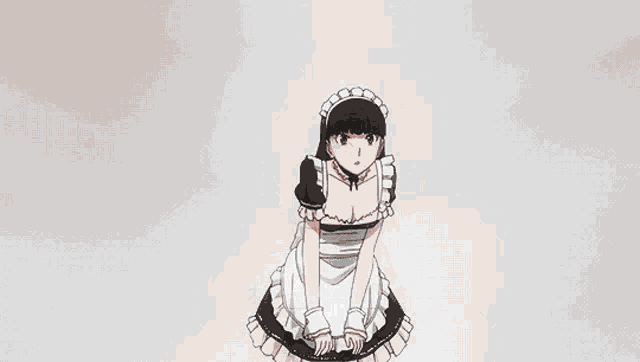 a girl in a maid outfit with a bow around her neck