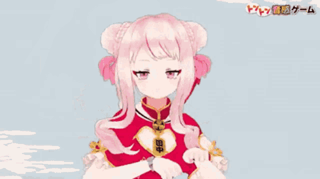 a girl with pink hair is wearing a red shirt with chinese characters on it