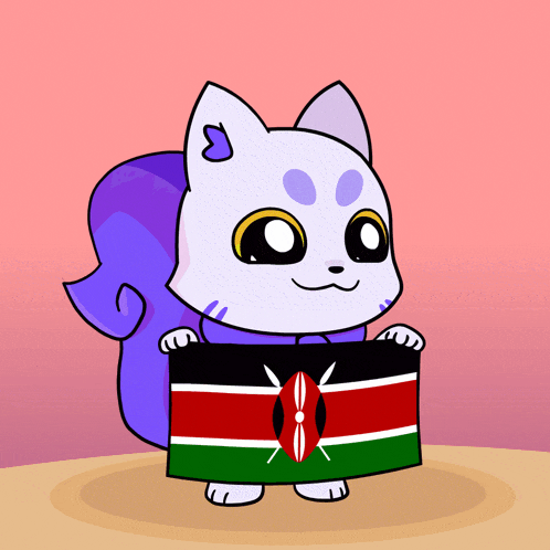 a cartoon drawing of a cat holding a kenya flag