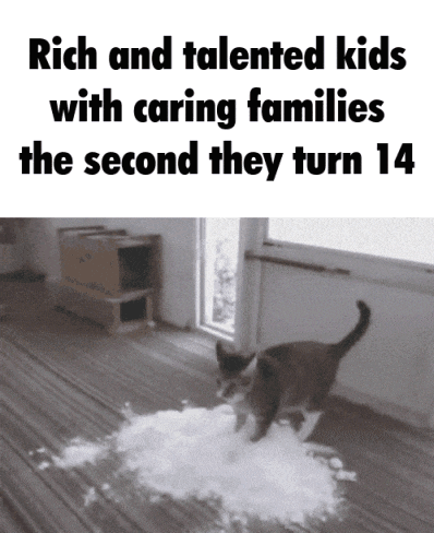 a black and white photo of a cat with the words rich and talented kids with caring families the second they turn 14