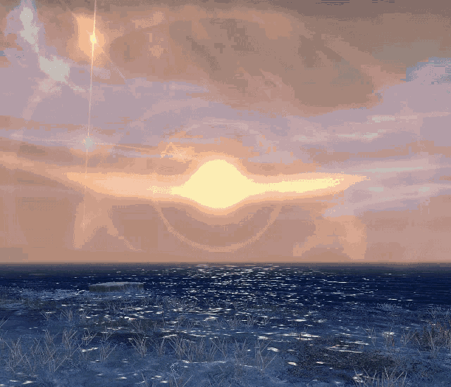 a sunset over the ocean with a large sun shining through the clouds