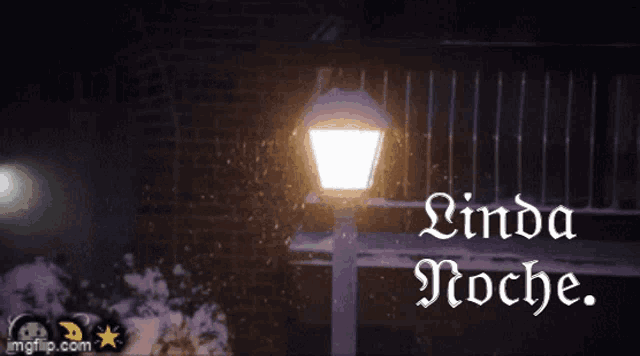a postcard that says linda noche with a lamp post in the foreground