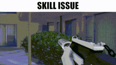 a pixelated image of a person holding a gun with the words skill issue above them