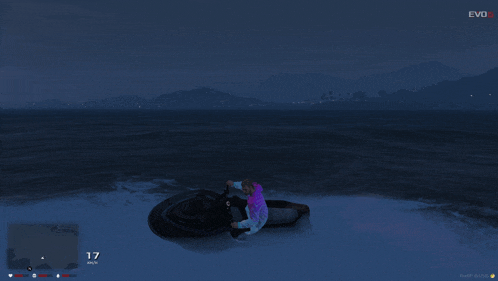 a screenshot of a video game shows a person riding a jet ski with a speed of 17 km / h