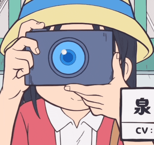 a cartoon drawing of a girl holding a camera in front of her face