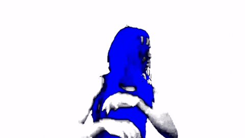 a drawing of a blue object with a face on a white background