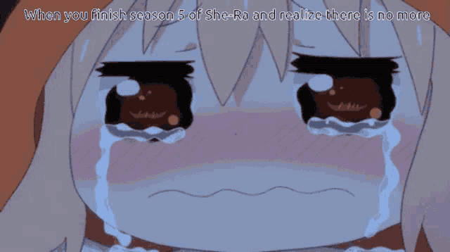 a picture of a girl crying with the caption when you finish season 5 of she-ra and realize there is no more