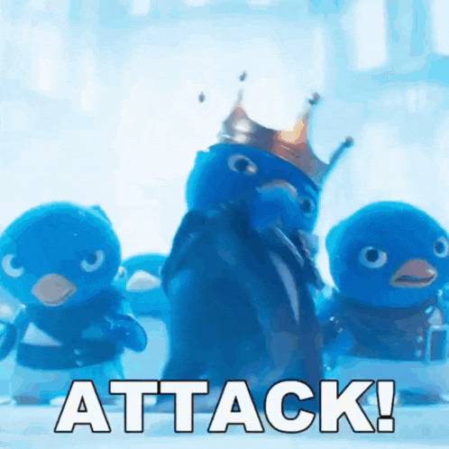a blue penguin with a crown on his head is surrounded by other blue penguins and the word attack is written in white letters