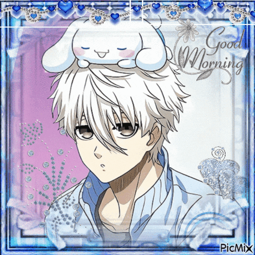 a picture of a boy with a bunny on his head with the words good morning