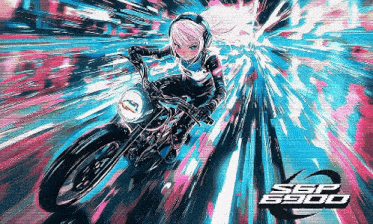 a girl is riding a motorcycle with the sgp 6900 logo on the bottom
