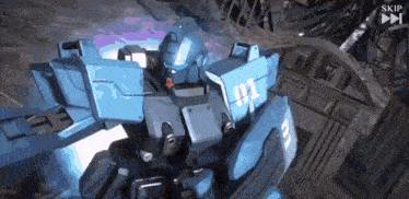 a blue robot with the number 41 on it 's chest is in a video game .