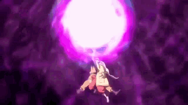 a couple of people are flying through the air with a purple light coming out of their heads .