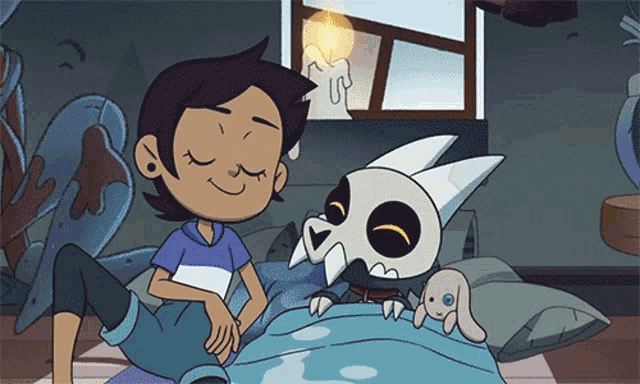 a cartoon of a girl sitting next to a skeleton