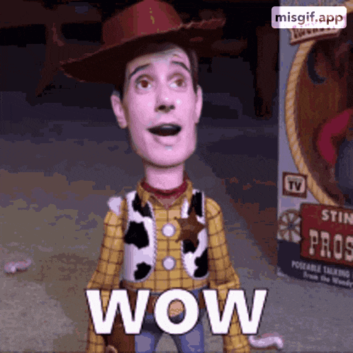 a toy story woody doll says wow in front of a toy box