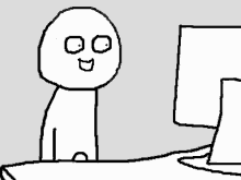 a black and white drawing of a man sitting in front of a computer monitor .