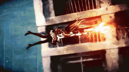a girl is falling from a building with a fire coming out of her hand