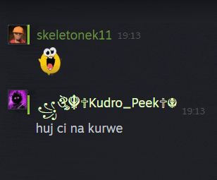 a screenshot of a conversation between skeletonek11 and kudro_peek10