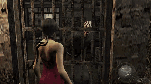 a woman in a red dress is holding a gun in front of a man with a mask on