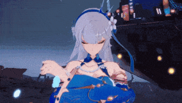 a girl with white hair and a blue dress is standing in front of a city
