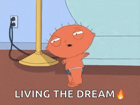 a cartoon character from family guy is standing next to a lamp and says living the dream .