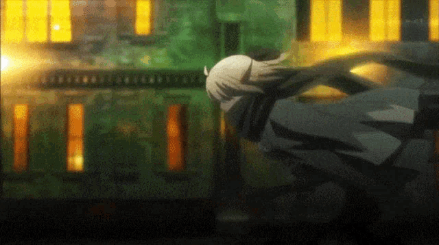 a cartoon character is running in front of a building