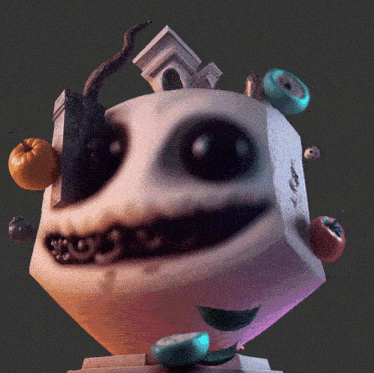 a statue of a skull with a few vegetables on top of it