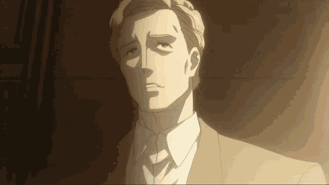 a man in a suit and tie is looking at the camera with a sad look on his face