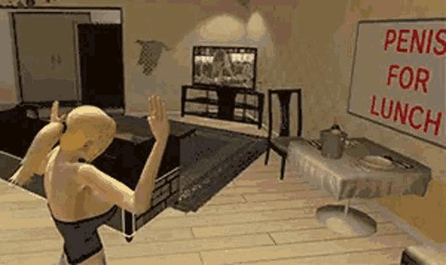 a woman is dancing in a living room with a sign that says penis for lunch .