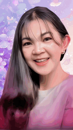 a woman with long hair is smiling and wearing a pink shirt