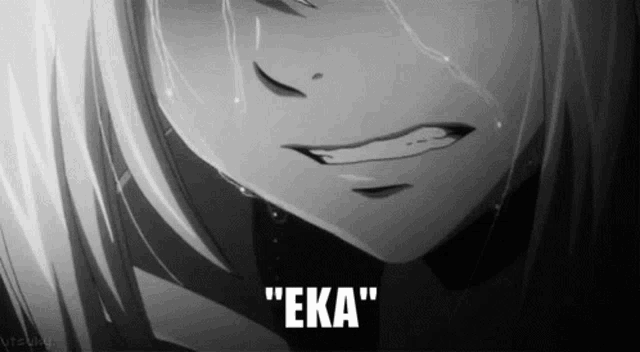 a black and white image of a girl crying with the words " eka " written below her